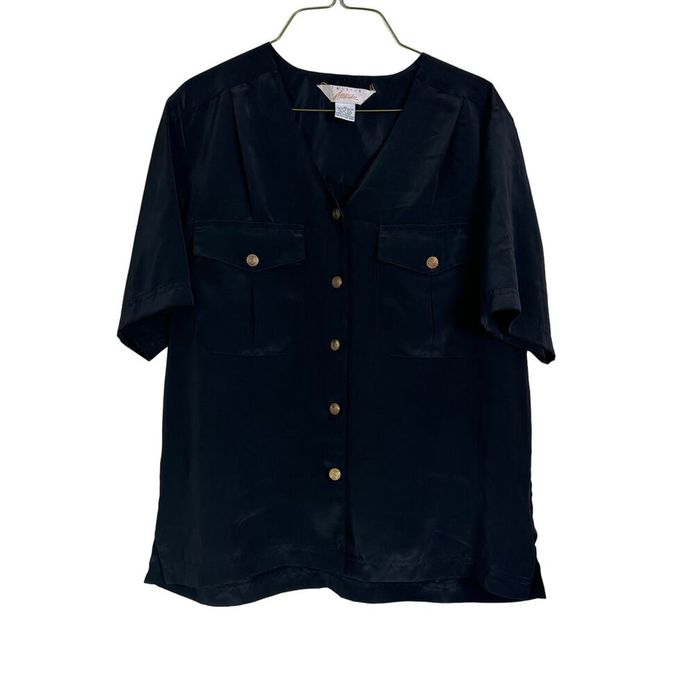 Fashion Attitudes VINTAGE black Silky‎ Short Sleeve blouse gold metal Buttons